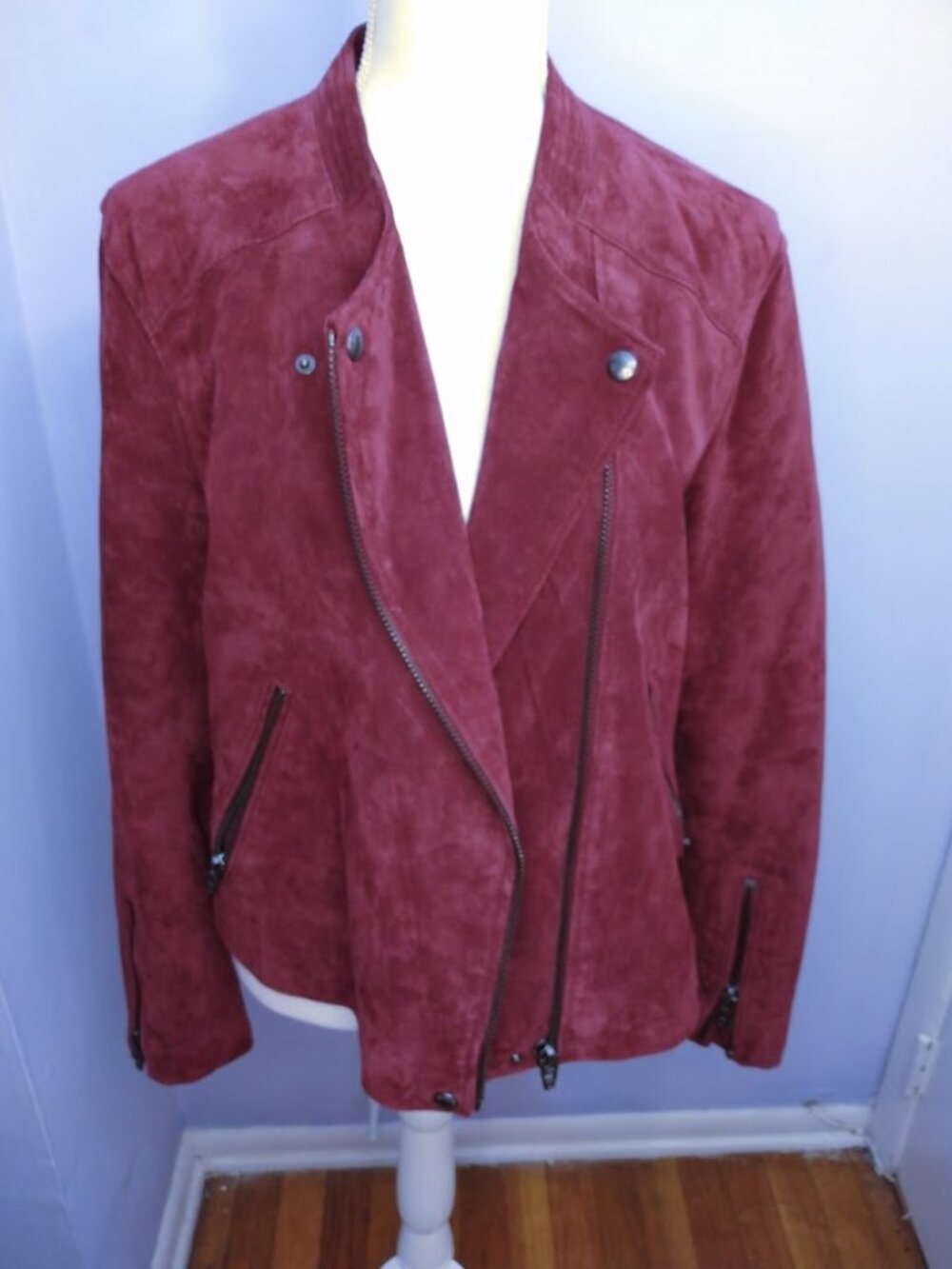 BLANK NYC Motorcycle Jacket Maroon Suede Leather Biker Zippers Edgy Punk Size XL